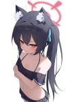  1girl absurdres animal_ear_fluff animal_ears aqua_ribbon bare_shoulders bikini bikini_skirt black_bikini black_hair blue_archive blush breasts cat_ears chinese_commentary commentary_request crossed_arms extra_ears frilled_bikini frills from_above hair_ribbon halo highres long_hair mou_buzhiming_huashi off-shoulder_bikini off_shoulder official_alternate_costume pink_halo red_eyes red_halo ribbon serika_(blue_archive) serika_(swimsuit)_(blue_archive) simple_background small_breasts solo swimsuit twintails white_background 