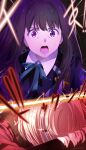  2girls absurdres black_hair blonde_hair blue_ribbon commentary_request dress highres inoue_takina long_hair lycoris_recoil lycoris_uniform multiple_girls neck_ribbon nishikigi_chisato open_mouth purple_eyes red_dress red_eyes ribbon sengoku_chidori short_hair sweat 