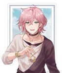  1boy bracelet brown_choker brown_coat choker coat commentary earrings green_eyes highres holostars jewelry light_blush male_focus mioto_(tsubsq_m) necklace open_mouth pendant pink_hair rikka_(1st_costume)_(holostars) rikka_(holostars) ring single_earring smile solo sweater upper_body virtual_graduation_commemoration virtual_youtuber white_sweater window 