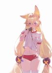  1girl absurdres animal_ears blonde_hair blue_eyes buruma commentary cowboy_shot crossed_bangs faelynn_(girls'_frontline_2) g41_(girls'_frontline) girls'_frontline girls'_frontline_2:_exilium gym_shirt hair_ornament highres long_hair looking_to_the_side low-tied_long_hair low_twintails navel no_heterochromia red_buruma shirt sola7764 solo sphere_hair_ornament thighhighs twintails white_background white_shirt white_thighhighs 