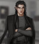  1boy barbell_piercing black_coat black_hair black_pants black_scarf blurry blurry_background bridge_piercing closed_mouth coat coat_on_shoulders cowboy_shot cross cross_necklace crossed_arms ear_piercing english_commentary eyebrow_piercing eyeshadow face_piercing forehead forked_eyebrows fringe_trim grey_shirt hair_behind_ear indoors industrial_piercing inverted_cross jewelry lips long_sleeves looking_ahead makeup male_focus medium_hair multiple_necklaces multiple_rings necklace nose open_clothes open_coat original pants piercing pointy_ears red_eyes ring scarf serious shirt side_part silver_necklace silver_ring smokey_eyeshadow solo standing tan twitter_username uneventide vampire 