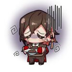  1boy asymmetrical_hair black_pants black_shoes black_tunic brown_hair chibi chibi_only closed_eyes colored_inner_hair commentary_request crying earrings failure gloves gradient_background hair_between_eyes highres holding jewelry long_sleeves looking_at_viewer male_focus multicolored_hair no_mouth no_nose nu_carnival nu_jyo pants pink_hair purple_background raised_inner_eyebrows sad shaded_face shoes single_earring snake_earrings solo squiggle standing tunic white_background yakumo_(nu_carnival) 