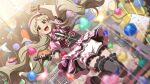  1girl :d asymmetrical_gloves black_gloves black_thighhighs blush brown_gloves brown_hair card_commentary checkered_clothes checkered_jacket commentary_request dutch_angle fingerless_gloves floating_hair game_asset gloves handa_roco holding holding_microphone idol idol_clothes idolmaster idolmaster_million_live! idolmaster_million_live!_theater_days indoors jacket jumping long_hair low_twintails microphone mismatched_gloves official_alternate_costume official_art open_mouth pink_jacket polka_dot polka_dot_jacket shoes shorts smile solo thighhighs third-party_source twintails white_shoes white_shorts yellow_eyes 