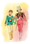  3boys alien amuro_ray black_eyes blonde_hair boots brown_hair char_aznable commentary_request frog full_body gloves gundam hat helmet highres keroro keroro_gunsou mask mobile_suit_gundam multiple_boys official_art pants short_hair star_(symbol) suit yasuhiko_yoshikazu 