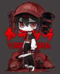  1girl arms_at_sides baseball_bat baseball_cap black_hair black_jacket black_pants blood blood_on_clothes blood_on_weapon blood_splatter chibi chibi_only choker closed_mouth clothes_writing colored_inner_hair commentary_request crop_top cropped_jacket cropped_shirt dot_nose double-parted_bangs empty_eyes flat_chest frown full_body grey_background hair_between_eyes hat highres holding holding_baseball_bat jacket kasane_teto korean_commentary long_sleeves looking_at_viewer midriff multicolored_hair navel open_clothes open_jacket outline pale_skin pants partially_shaded_face puffy_long_sleeves puffy_sleeves raglan_sleeves red_choker red_eyes red_hair red_hat red_outline red_shirt sailor_collar serious shirt shoelaces shoes short_hair simple_background slit_pupils solo song_name ssnyang_cmu standing synthesizer_v two-tone_hair unworn_headwear utau weapon white_sailor_collar white_shoes white_sleeves yararara_(synthesizer_v) 