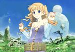  archer_(disgaea) bangs bare_shoulders belt blonde_hair blue_eyes blush body_blush breasts cleavage day detached_sleeves disgaea drill_hair floating full_moon grass leaf long_hair looking_at_viewer moon nature no_bra outdoors outstretched_arms phantom_kingdom planet pointy_ears rock skull sky small_breasts smile solo spread_arms toi8 tree twin_drills twintails upper_body wristband zipper 