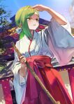  1girl alternate_costume arm_up blue_sky broom cowboy_shot day dutch_angle green_hair hakama highres holding holding_broom idolmaster idolmaster_shiny_colors japanese_clothes kimono long_hair looking_ahead miko nanakusa_hazuki open_mouth otsudou outdoors ponytail red_hakama shading_eyes shrine signature single_sidelock sky solo swept_bangs tree white_kimono wide_sleeves yellow_eyes 