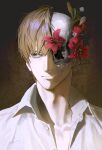  1boy branch brown_background brown_eyes brown_hair closed_mouth collared_shirt commentary crack death_note flower hair_between_eyes highres looking_to_the_side male_focus on_ho10 partially_unbuttoned red_flower shirt short_hair simple_background skull smile solo upper_body white_flower white_shirt yagami_light 