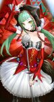  1girl animal_ear_headwear animal_hat arm_up bare_shoulders black_bow black_hat bow bow_choker breasts cat_food_(vocaloid) cat_hat center_frills chinese_commentary choker collarbone commentary_request daokweok detached_sleeves diagonal_bangs dress facial_mark frills green_hair hat hatsune_miku hatsune_miku_(pierretta) highres hood long_hair looking_at_viewer mark_under_eye microphone microphone_stand nail_polish parted_lips project_diva_(series) project_diva_f red_dress red_nails red_sleeves sidelocks skirt small_breasts solo strapless strapless_dress teardrop_facial_mark twintails twitter_username upper_body vocaloid watermark white_skirt yellow_eyes 