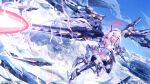  1girl aris_(armed)_(blue_archive) aris_(blue_archive) aris_(blue_archive)_(cosplay) black_hairband blue_archive bright_pupils commentary_request cosplay double-parted_bangs firing forest_0 full_body hair_between_eyes hairband halo headgear highres kei_(blue_archive) kei_(student)_(blue_archive) leotard long_hair_between_eyes mecha_musume mechanical_legs mechanical_wings necktie pink_eyes pink_halo railgun rectangular_halo ringed_eyes short_necktie showgirl_skirt solo thrusters white_hair white_leotard wings 