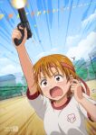  1girl asukamama89 bandana commentary commission finger_in_own_ear flinch futari_wa_precure futari_wa_precure_max_heart gun gym_uniform handgun highres misumi_nagisa orange_eyes orange_hair pixiv_commission precure red_bandana shirt short_hair sports_festival starting_pistol surprised sweat tears teeth tongue weapon white_shirt 