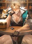 1boy absurdres alcohol armor beer black_gloves black_shorts black_vest blonde_hair blurry blurry_background blush closed_eyes coat collarbone collared_shirt commentary condom cross_scar drunk fangs fingerless_gloves fur-trimmed_coat fur_trim genshin_impact gloves green_coat half_gloves head_rest highres male_focus nipple_bar nipple_piercing pauldrons pectoral_cleavage pectorals piercing scar scar_on_arm scar_on_chest scar_on_face shirt short_hair shorts shoulder_armor single_pauldron sitting solo sweat table tankard teeth used_condom uyouu19 varka_(genshin_impact) vest white_shirt wooden_table 