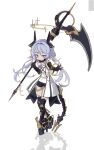  1girl bare_shoulders commentary_request halo highres holding horns long_hair mecha_musume mijo_(2498359894) pointy_ears see-through_clothes see-through_skirt shadow short_shorts shorts sickle simple_background skirt solo tail thighhighs twintails white_background yellow_halo 