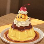 alternate_color blush_stickers cherry commentary_request food food_focus food_on_head fruit kirby kirby_(series) miclot no_humans object_on_head on_food plate pudding solo syrup whipped_cream 