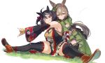  2girls absurdres animal_ears bare_shoulders black_hair black_sleeves black_thighhighs blush breasts brown_hair brown_tail chanchanko_(clothes) cleavage_cutout clothing_cutout commentary_request detached_sleeves diamond_(shape) diamond_cutout ear_ornament ear_ribbon floral_print_sleeves green_jacket green_skirt grey_jacket hair_between_eyes highres horse_ears horse_girl horse_tail jacket kitasan_black_(gilded_shrine_to_glory)_(umamusume) kitasan_black_(umamusume) kouhaku_nawa large_breasts long_hair looking_at_viewer multicolored_hair multiple_girls orange_shirt orange_skirt red_eyes rope satono_diamond_(natural_brilliance)_(umamusume) satono_diamond_(umamusume) shimenawa shirt short_hair simple_background skirt sleeveless sleeveless_shirt smile spread_legs streaked_hair stretching sweat tail thick_thighs thighhighs thighs umamusume white_background white_streaks yakousei_a 
