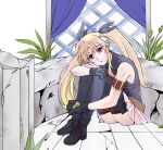  1girl 304back_s ankle_boots arm_belt arm_on_knee belt black_boots black_gloves black_thighhighs blonde_hair boots commentary crack cracked_floor curtains fate_testarossa fate_testarossa_(movie_1st_form) full_body gloves hair_between_eyes head_tilt highres indoors layered_legwear long_hair long_single_sidelock looking_at_viewer lyrical_nanoha magical_girl mahou_shoujo_lyrical_nanoha mahou_shoujo_lyrical_nanoha_the_movie_1st no_cape on_floor parted_bangs parted_lips pink_skirt plant red_belt red_eyes single_sidelock sitting skirt sleeveless solo sparkle thighhighs tile_floor tiles twintails untranslatable_commentary very_long_hair window wispy_bangs 