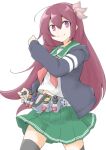  1girl akara_kai black_jacket black_thighhighs brown_hair commentary_request cowboy_shot fourze_driver green_sailor_collar green_skirt hair_ornament henshin_pose highres hood hooded_jacket jacket kamen_rider kamen_rider_fourze_(series) kantai_collection kisaragi_(kancolle) kisaragi_kai_ni_(kancolle) neckerchief pleated_skirt purple_eyes red_neckerchief rider_belt sailor_collar school_uniform serafuku shirt simple_background skirt solo thighhighs white_background white_shirt 