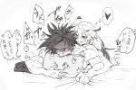  1boy 1girl ahoge assertive greyscale guilty_gear hetero jack-o&#039;_valentine licking_lips looking_at_another monochrome muscle on_bed pillow pillow_bite saliva shimizu_shirube simple_background sol_badguy spot_color tongue tongue_out translation_request white_background 