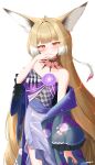  1girl absurdres animal_ears arknights artist_name bare_shoulders blonde_hair blue_sash blush checkered_clothes collarbone commentary_request covering_own_mouth cowboy_shot floral_print floral_print_kimono flower fox_ears fox_girl grey_kimono hand_over_own_mouth highres japanese_clothes kimono long_hair looking_at_viewer multicolored_hair obi off_shoulder official_alternate_costume pink_hair print_kimono purple_flower purple_kimono sash scar scar_on_cheek scar_on_face simple_background solo standing streaked_hair very_long_hair vulpisfoglia_(arknights) vulpisfoglia_(out_of_focus)_(arknights) watermark white_background white_hair yellow_eyes yeong100 