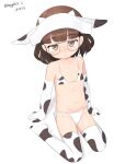  1girl absurdres aged_down animal_ears animal_print bikini brown_eyes brown_hair commentary_request cow_ears cow_horns cow_print cow_print_bikini cow_print_gloves cow_print_thighhighs cow_tail dated elbow_gloves fake_animal_ears fake_horns flat_chest glasses gloves headpiece highres horns kantai_collection maru_(marg0613) one-hour_drawing_challenge print_bikini print_gloves print_thighhighs roma_(kancolle) short_hair side-tie_bikini_bottom simple_background sitting solo swimsuit tail thighhighs twitter_username wariza white_background white_bikini white_gloves white_thighhighs 