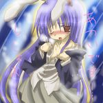  ;o animal_ears bangs blazer blush bunny_ears collarbone dress_shirt hot izumi_yukiru jacket long_hair long_sleeves looking_at_viewer lowres miniskirt nose_blush one_eye_closed open_clothes open_shirt orange_eyes pleated_skirt purple_hair reisen_udongein_inaba shirt skirt solo sweat touhou unbuttoned undressing very_long_hair 