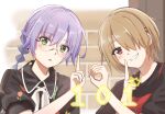  2girls aoi11_luyu black_shirt braid brown_hair commentary_request finger_counting glasses green_eyes hair_ornament hair_over_one_eye hairclip heaven_burns_red highres index_finger_raised izumi_yuki kayamori_ruka long_hair looking_at_viewer multiple_girls one_eye_covered open_mouth purple_hair red_eyes shirt short_hair smile upper_body 