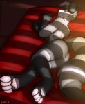  2019 anthro bed bedroom black_fur butt clothing fur grey_fur hi_res male mammal on_bed paws procyonid raccoon sleeping solo striped_tail stripes underwear white_fur winter_(artist) 