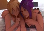  2girls :q arrancar ass bare_shoulders black_bra black_thighhighs bleach blonde_hair bra breasts cleavage collarbone commentary commission crossed_bangs dark-skinned_female dark_skin english_commentary facial_mark finger_to_mouth foreshortening full_body green_eyes hair_between_eyes highres index_finger_raised indoors large_breasts licking_lips long_hair long_hair_between_eyes looking_at_viewer luwdd lying multiple_girls nail_polish naughty_face o-ring o-ring_bra on_bed on_stomach parted_bangs ponytail purple_hair shihouin_yoruichi short_hair sidelocks smile thighhighs tier_harribel tongue tongue_out underwear white_bra white_thighhighs yellow_eyes 