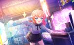  +_+ 1girl ahoge black_skirt blue_eyes blush bow building city_lights cityscape commentary_request diffraction_spikes frills game_asset glint highres indoors lens_flare letterboxed light_rays long_sleeves looking_at_viewer motosu_towa multicolored_hair neon_lights non-web_source official_art open_mouth orange_hair pillarboxed salute self-datamine shirt skirt skyscraper smile solo sparkle sparkle_background sparkling_eyes stage stage_lights twintails world_dai_star 