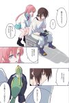  1boy 1girl amate_yuzuriha amate_yuzuriha_(cosplay) aqua_shirt aqua_skirt blue_eyes boots breasts brown_hair closed_mouth commentary_request cosplay gloves gundam gundam_gquuuuuux gundam_seed hair_ornament highres holding kira_yamato lacus_clyne long_hair long_sleeves necktie non-humanoid_robot open_mouth pants pink_hair purple_eyes robot robot_animal school_uniform shirt short_hair shuji_ito shuji_ito_(cosplay) skirt soshiki speech_bubble sweater torii_(gundam) translation_request very_long_hair 
