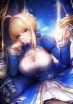  1girl absurdres ahoge artoria_pendragon_(fate) black_pantyhose blonde_hair blue_background blue_bow blue_dress blush bow braid braided_base breasts bun_with_braided_base cleavage closed_mouth commentary_request dress excalibur_(fate/stay_night) fate/stay_night fate/unlimited_blade_works fate_(series) frilled_sleeves frills gold_trim green_eyes hair_bun hair_intakes hand_on_own_face hands_up head_tilt highres holding holding_sword holding_weapon honkai:_star_rail honkai_(series) large_breasts light_particles long_hair long_sleeves looking_at_viewer pantyhose puffy_long_sleeves puffy_sleeves saber_(fate) saber_(honkai:_star_rail)_(fate) sidelocks smile solo sword two-tone_dress weapon ziteng_yue 