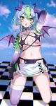  1girl absurdres apricot_the_lich apricot_the_lich_(race_queen) bikini black_bikini black_gloves breasts checkered_clothes cleavage colored_inner_hair commentary demon_girl demon_horns demon_wings elbow_gloves eyeshadow gloves green_eyes green_hair grey_hair hair_between_eyes highres horn_piercing horns kneeling looking_at_viewer makeup medium_breasts multicolored_hair multiple_horns open_mouth pomomo purple_eyeshadow purple_horns purple_thighhighs race_queen revealing_clothes see-through_clothes short_hair shrug_(clothing) sidelocks single_thighhigh skirt solo star_(symbol) star_print streaked_hair swimsuit thighhighs virtual_youtuber vshojo white_shrug white_skirt wings 
