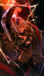  1girl absurdres alpha:_inverse_crown_(pgr) alpha_(pgr) breasts commentary crop_top electricity fsuusux hair_between_eyes highres holding holding_sword holding_weapon horns long_hair looking_at_viewer mechanical_arms medium_breasts midriff multicolored_hair punishing:_gray_raven red_eyes red_streaks sheath solo streaked_hair sword two-tone_hair unsheathing weapon white_hair 