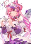 1girl ahoge breasts cleavage commentary_request detached_sleeves dress hair_horns hair_ornament heart heart_ahoge heart_hands highres ironmouse ironmouse_(fallen_angel) kasumi_komo long_hair looking_at_viewer multicolored_hair one_eye_closed pink_hair pink_nails purple_eyes purple_hair red_ribbon ribbon solo streaked_hair virtual_youtuber vshojo white_background white_dress wing_hair_ornament wings 