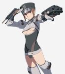  1girl :< absurdres arm_up black_hat black_leotard breasts brown_eyes brown_hair chomo_(kdeko) closed_mouth cowboy_shot crop_top gouketsuji_ichizoku grey_shirt grey_thighhighs groove_on_fight hat highres juliet_sleeves kepi leotard long_sleeves looking_to_the_side military_hat outstretched_arm police police_uniform policewoman puffy_sleeves salute shirt short_hair small_breasts solis_r8000 solo standing thighhighs underboob 