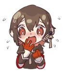 1boy asymmetrical_hair black_tunic blush brown_hair chibi chibi_only clenched_hand colored_inner_hair commentary covering_own_mouth cropped_torso crying crying_with_eyes_open earrings flying_sweatdrops gloves hair_between_eyes half_gloves jewelry layered_sleeves looking_at_viewer male_focus multicolored_hair nervous nose_blush nu_carnival nu_jyo open_mouth pink_hair raised_inner_eyebrows red_eyes red_gloves short_hair simple_background single_earring solo streaked_hair tears tunic wavy_mouth white_background wide-eyed yakumo_(nu_carnival) 