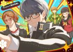  2boys 2girls amagi_yukiko badge bike_shorts brown_eyes brown_hair button_badge commentary gakuran green_jacket grey_eyes grey_hair hanamura_yousuke headphones headphones_around_neck highres jacket light_smile moobki multiple_boys multiple_girls narukami_yu peace_symbol persona persona_4 persona_4_revival satonaka_chie school_uniform smile smiley_face title tomboy track_jacket untranslatable_commentary yasogami_school_uniform 