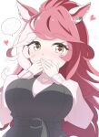  1girl animal_ears arnolddayo blush breasts casual commentary_request covering_own_mouth dress hair_between_eyes hair_ornament heart heart_on_cheek highres horse_ears horse_girl large_breasts long_hair looking_at_viewer loves_only_you_(casual)_(umamusume) loves_only_you_(umamusume) multicolored_hair red_hair solo speech_bubble umamusume yellow_eyes 