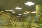  1girl 2boys backrooms_(2026_film) backrooms_(creepypasta) black_hair black_pants black_skirt ceiling_light commentary dialogue empty_room english_text glasses hair_bun highres long_hair monkey_d._luffy multiple_boys nami_(one_piece) one_piece opalis pants pirate_clark reflection reflection_focus reflective_eyewear shirt short_hair skirt subtitled white_shirt 
