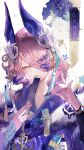  1girl absurdres arknights blue_flower blue_hair character_name chinese_commentary colored_tips commentary_request covering_own_mouth flower folded_fan folding_fan fox_hair_ornament fox_shadow_puppet ge_shi_ying_rong hair_ornament hair_over_one_eye hand_fan highres holding holding_fan japanese_clothes looking_at_viewer monster_hunter_(series) multicolored_hair nail_polish orchid_(arknights) pink_hair purple_hair purple_nails solo tassel tassel_hair_ornament upper_body violet_mizutsune_orchid_(arknights) white_flower yellow_eyes 