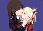  2girls absurdres biting biting_ear blonde_hair blue_background blue_dress blue_ribbon blush brown_hair closed_eyes commentary_request dress hair_ribbon hand_on_another's_face highres inoue_takina long_hair lycoris_recoil lycoris_uniform multiple_girls neck_ribbon nishikigi_chisato one_side_up red_dress red_ribbon ribbon sengoku_chidori simple_background trembling yuri 