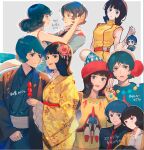  1boy 1girl :d aeug alternate_costume armpit_peek arrow_(symbol) belt black_hair blue_eyes blue_hair blue_hat blue_jacket blue_kimono blue_shirt blue_sweater closed_mouth collared_shirt commentary couple dress eye_contact fa_yuiry flower frilled_sleeves frills grey_eyes gundam gundam_zz hair_flower hair_ornament hand_on_another's_cheek hand_on_another's_face hand_on_another's_shoulder hand_up haori hat heart hetero highres jacket japanese_clothes kamille_bidan kanzashi kasumi_(skchkko) kimono long_hair long_sleeves looking_at_another looking_at_viewer military_uniform multiple_views necktie obi open_mouth pom_pom_(clothes) red_belt red_necktie sash science_fiction shirt short_hair simple_background sleeveless sleeveless_dress smile spacecraft starfighter sweater tsumami_kanzashi wave_rider wide_sleeves wing_collar yellow_dress yellow_kimono yellow_sweater zeta_gundam zeta_gundam_(mobile_suit) 