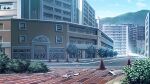  blue_sky building bush city cityscape cloud day game_asset kouyoku_senki_exs-tia mountain no_humans non-web_source official_art outdoors plant road scenery self-datamine sidewalk sky skyscraper street traffic_cone tree window 