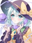  1girl absurdres black_hat blue_nails blush bow buttons collared_shirt commentary_request diamond_button disembodied_linked_eye eyeball frilled_shirt_collar frilled_sleeves frills green_eyes green_hair hair_between_eyes hat hat_bow highres holding holding_phone komeiji_koishi long_sleeves looking_at_viewer open_mouth phone shirt solo touhou upper_body watermark wide_sleeves yellow_bow yellow_shirt yogiri_miri 