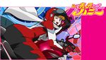  bent_over biker_clothes bikesuit black_bodysuit blue_eyes bodysuit brown_hair cutie_honey gloves ground_vehicle helmet hurricane_honey kisaragi_honey mochizuki_anko motor_vehicle motorcycle one_eye_closed re:_cutie_honey red_bodysuit scarf solo white_bodysuit 