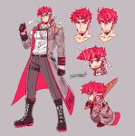  1boy aged_up armband baguette beard belt black_belt black_boots black_gloves black_pants boots bousouzoku bread chest_harness chinstrap_beard clenched_hands coat commentary delinquent dragon_print dress_shirt drill_hair english_commentary facial_hair food genderswap genderswap_(ftm) gloves grey_background grey_coat half_gloves harness headband highres holding holding_food kasane_teto kasane_teto_(sv) knee_boots long_sidelocks male_focus multiple_boys oneirio open_clothes open_coat pants pants_tucked_in partially_unbuttoned pectoral_cleavage pectorals pink_trim pompadour red_eyes red_hair shirt shirt_tucked_in sidelocks simple_background squatting synthesizer_v thigh_belt thigh_strap twitter_username utau white_armband white_headband white_shirt 