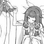  2girls bare_shoulders bow clothes_lift columbina_(genshin_impact) commentary dress genshin_impact hair_ornament long_hair long_sidelocks monochrome multiple_girls one_eye_closed ribbon sandrone_(genshin_impact) sidelocks sketch skirt skirt_lift squatting teasing thighhighs wing_hair_ornament wings xyxcwy 