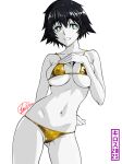 1girl absurdres aqua_eyes arm_behind_back bikini black_hair breasts cameltoe collarbone cowboy_shot gold_bikini greyscale grin groin groin_tendon hair_between_eyes hand_on_own_chest highres kiros_temple looking_at_viewer medium_breasts monochrome navel science_adventure shiina_mayuri smile solo spot_color steins;gate stomach swimsuit white_background 