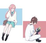  1boy 1girl amate_yuzuriha amate_yuzuriha_(cosplay) aqua_shirt aqua_skirt blue_eyes boots brown_hair charm_(object) closed_mouth commentary_request cosplay gloves gundam gundam_gquuuuuux gundam_seed hair_ornament haro highres holding kira_yamato lacus_clyne long_hair long_sleeves necktie non-humanoid_robot pants pink_hair purple_eyes robot robot_animal school_uniform shirt short_hair shuji_ito shuji_ito_(cosplay) skirt soshiki sweater torii_(gundam) very_long_hair 