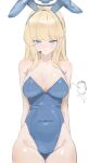  1boy 1girl absurdres arms_behind_back bare_arms bare_shoulders blonde_hair blue_archive blue_eyes blue_hairband blue_halo blue_leotard blush breasts closed_mouth commentary covered_navel doodle_sensei_(blue_archive) hairband halo highleg highleg_leotard highres hmj0128 large_breasts leotard licking long_hair microphone official_alternate_costume official_alternate_hairstyle sensei_(blue_archive) smile toki_(blue_archive) toki_(bunny)_(blue_archive) 